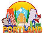 Portland Oregon Outline Silhouette with City Skyline Downtown Circle Color Text Isolated on White Background Illustration