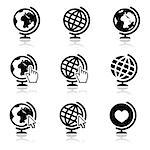 World, map of continents as modern black icons isolated on white