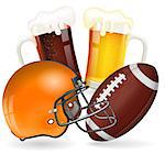 American Football Poster with Helmet, Ball and Glasses of Beer, vector isolated on white background