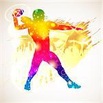 Bright Rainbow Silhouette American Football Player and Fans on grunge background, vector illustration