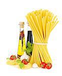 Pasta, tomatoes, basil, olive oil, vinegar, garlic and parmesan cheese. Isolated on white background