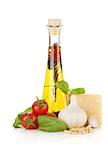 Olive oil, cherry tomatoes, basil, garlic and parmesan. Isolated on white background