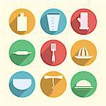 Set of flat circle colored icons for kitchenware on light background.