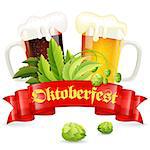 Oktoberfest Poster with Hop, Glasses of Beer and Red Ribbon, vector isolated on white background