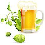 Glass of Beer with Hops, vector isolated on white background