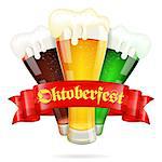 Oktoberfest Poster with Glasses of Beer and Red Ribbon, vector isolated on white background