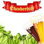 Oktoberfest Frame with Hop, Glasses of Beer and Red Ribbon, vector isolated on white background