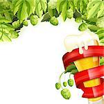 Oktoberfest Frame with Hops, Glass of Beer and Red Ribbon, vector isolated on white background