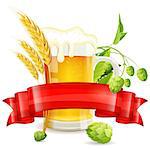 Oktoberfest Poster with Hops, Glass of Beer, Barley and Red Ribbon, vector isolated on white background