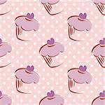 Seamless vector lavender pattern or tile background with white polka dots and big hand drawn cupcakes silhouettes, muffin sweet cake and violet heart on top. Texture with sweets for desktop wallpaper.