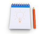 3d notepad with a light bulb drawn to it and a pencil