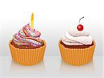 Illustration of two decorated cupcakes with candle and cherry.