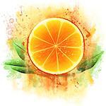 Fresh juicy half of orange with green leaves on grunge background.