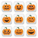 Celebrating Halloween - pumpkin with scary faces buttons set isolated on white