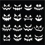 Vector icons set for Halloween - evil, spooky faces isolated on black