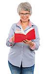 Happy elderly woman holding and reading a book