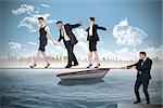 Young businessman pulling a tightrope for business people against small boat in the sea with city on horizon