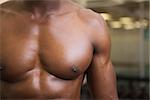 Close-up mid section of a shirtless muscular man in gym
