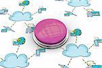 Shiny pink push button against cloud computing doodle