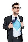 Geeky hipster opening shirt superhero style on white background