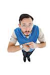 Geeky hipster looking at camera pointing at watch on white background