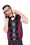 Geeky hipster talking on a retro cellphone on white background
