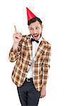 Geeky hipster in party hat on white background