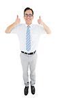 Geeky happy businessman showing thumbs up on white background