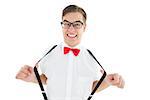 Geeky hipster pulling his suspenders on white background