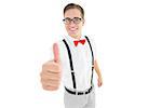 Geeky young hipster showing thumbs up on white background