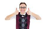 Smiling geeky hipster looking at camera showing thumbs up on white background