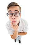 Geeky hipster thinking with hand on chin on white background