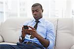 Handsome businessman sitting on couch sending text at home in the living room