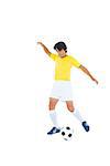 Football player in yellow kicking ball on white background