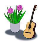 A guitar and a flower pot with two pink flowers.