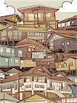 Editable vector illustration of closely packed houses on a hillside