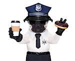 POLICE DOG ON DUTY WITH coffee to go and a donut or Doughnut