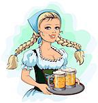 Oktoberfest girl waitress holds tray of beer. Vector cartoon illustration