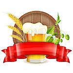 Oktoberfest Poster with Barrel, Glass of Beer, Barley, Hops and Ribbon, vector isolated on white background