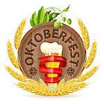 Oktoberfest Poster with Barrel, Glass of Beer, Barley and Hops, vector isolated on white background