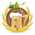 Oktoberfest Poster with Barrel of Beer, Wooden Mug, Barley and Hops, vector isolated on white background