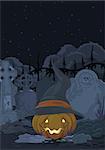 Illustration of spooky pumpkin in the gothic cemetery
