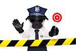 POLICE DOG ON DUTY WITH stop sign and hand behind a warning stripe band or tape isolated on white blank background