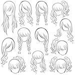 Set of teenage girl hairstyles, hand drawing vector contour