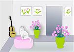 A white cat sitting in a room with two flower pots, a guitar, and pictures on the walls.