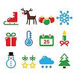 Xmas icons set - snowman, present, Christmas tree, reindeer isolated on white