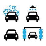 Modern black icons set - washing cars, drive thru car wash