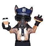 POLICE DOG ON DUTY WITH coffee to go and a donut or Doughnut, isolated on white blank background