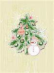 Vector Christmas background with green  paper fir and snowman