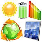 Green Energy Set - Solar Panel, Energy Efficiency Rating, Sun, Battery and Earth with Environmental Arrows, vector isolated on white background
